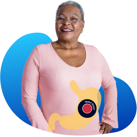 Woman standing, stomach and ACCRUFeR maltol shield graphic overlay