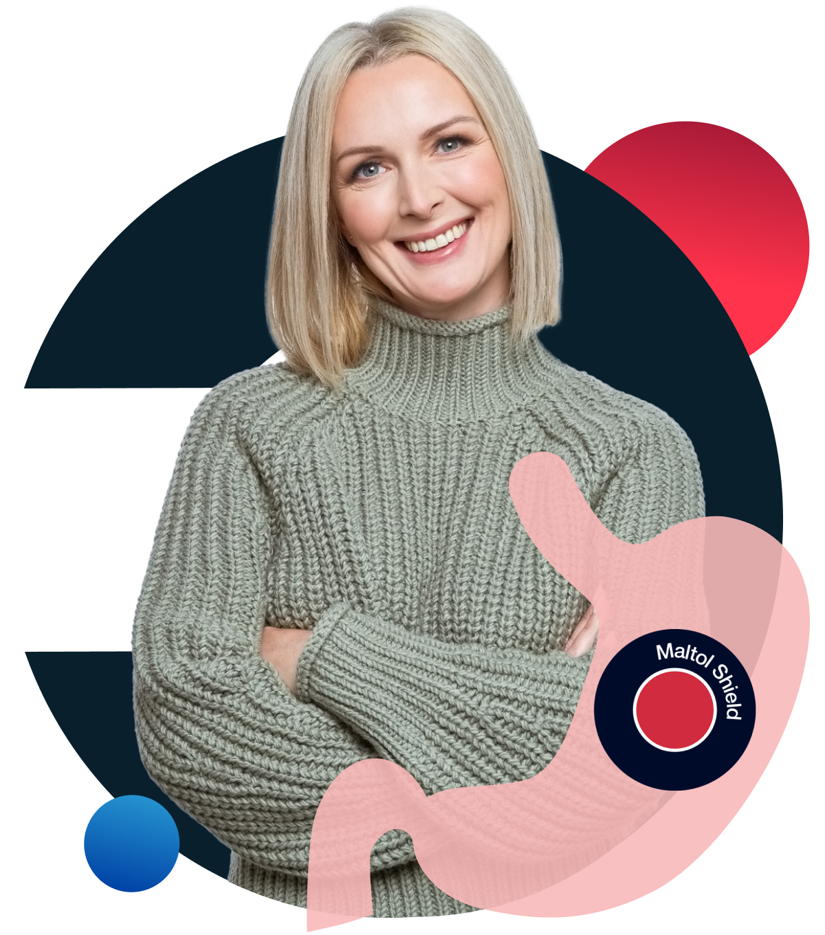 Slide 1/4: Woman crossing arms over stomach with maltol shield inside stomach imagery