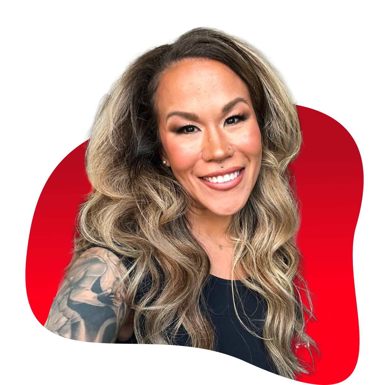 Woman smiling with red blob background