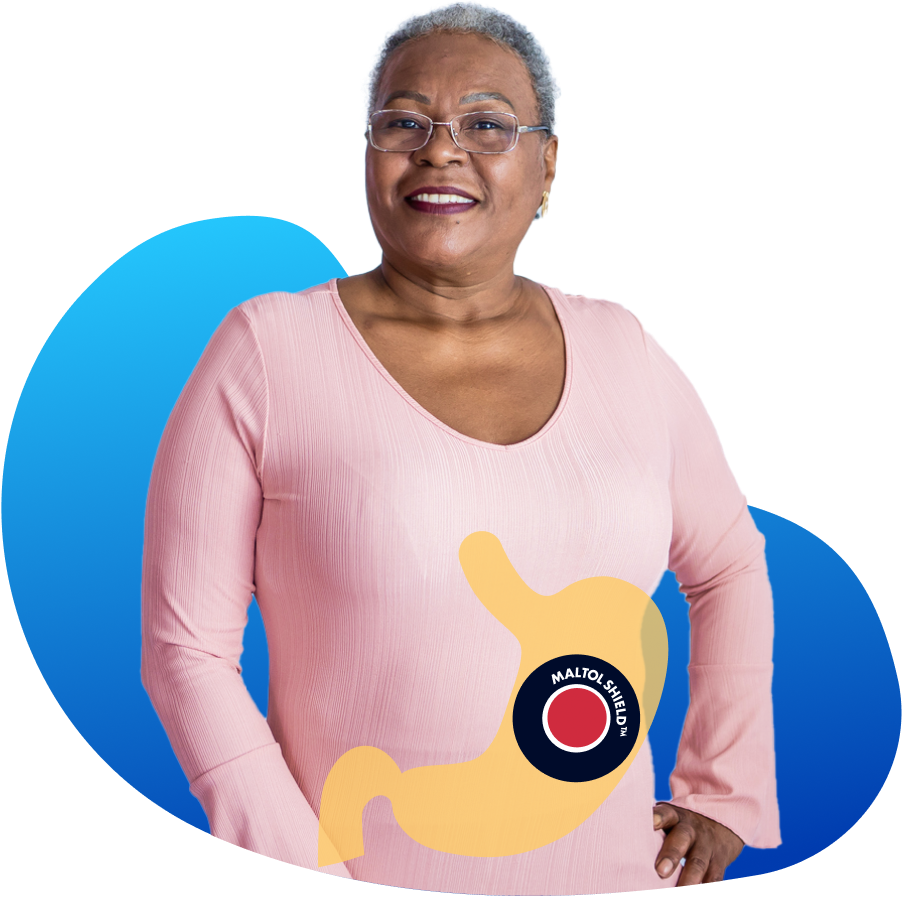 Woman standing, stomach and ACCRUFeR MALTOL SHIELD TM graphic overlay