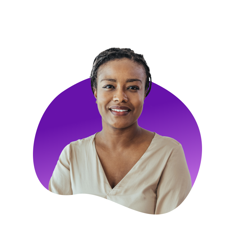 Black woman smiling in front of a purple background